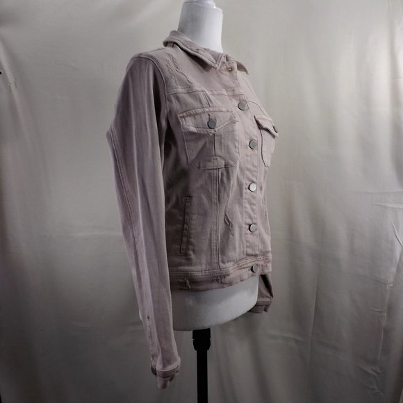NWOT Dear John Beige Denim w Factory Distress & 4 Pockets Trucker Jean Jacket S - Picture 2 of 14